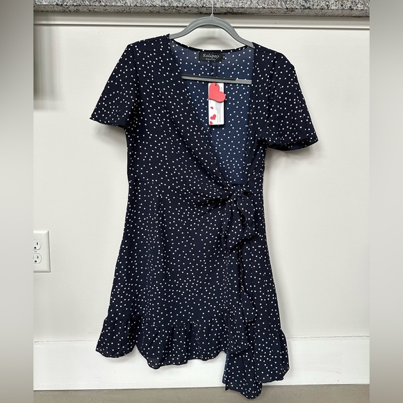 Navy with White Polka Dots Tie Front Dress - Picture 1 of 3
